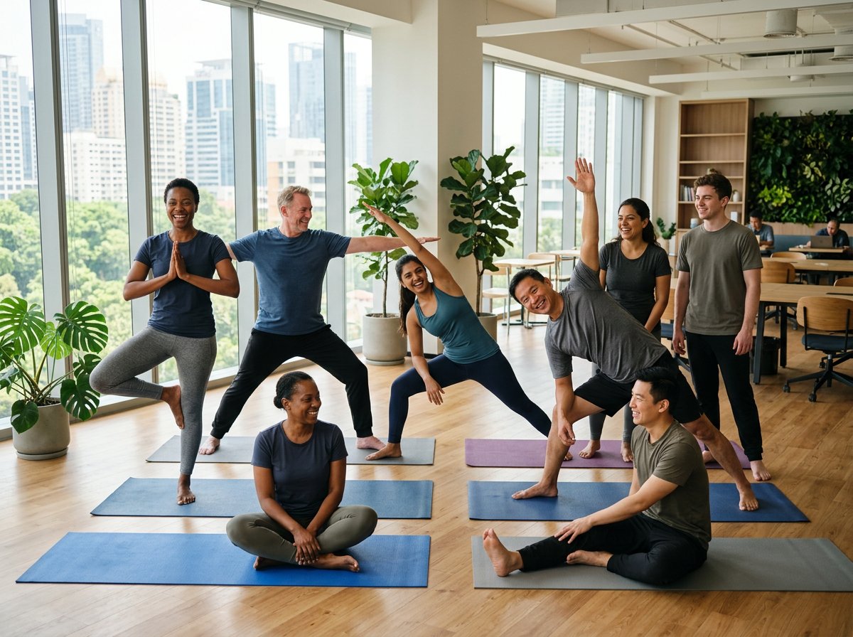 Corporate team doing a group yoga session on mats in a bright modern office with large windows and plants