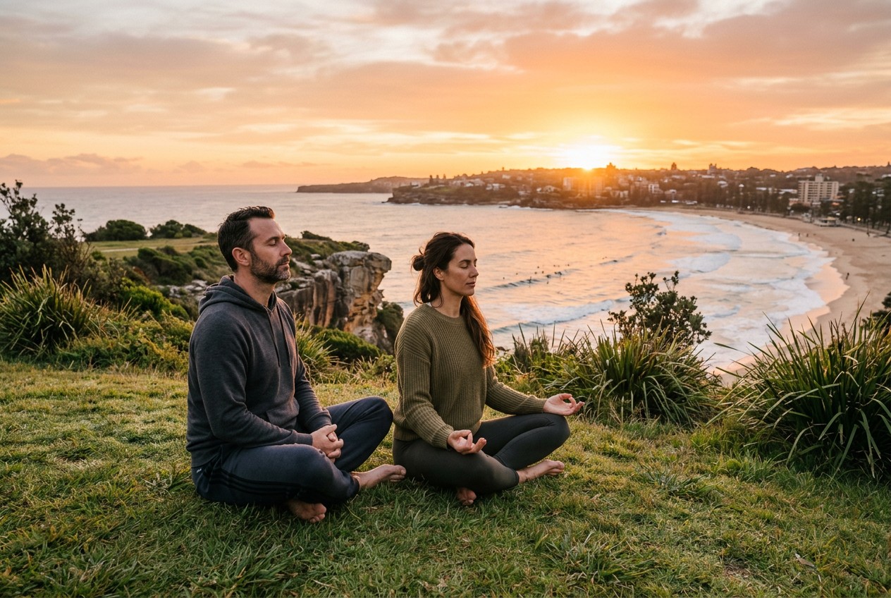 Two people sitting mindfully on a coastal headland at sunrise
