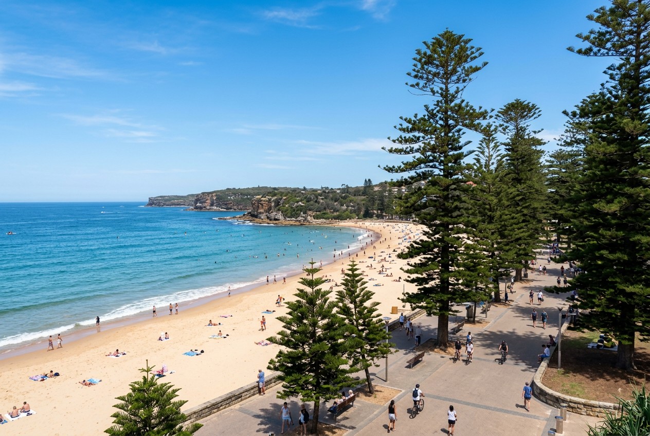 Manly beach and Norfolk pines on a sunny day