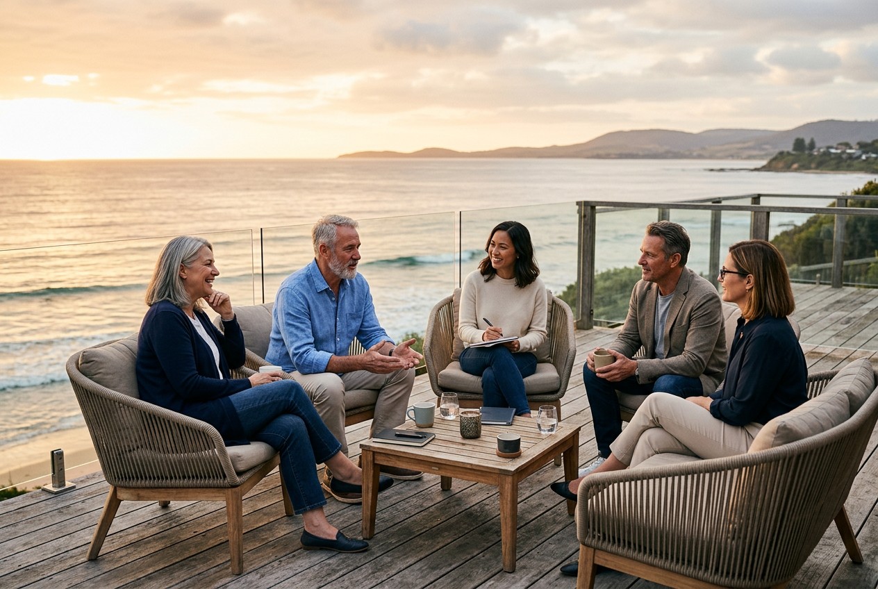 Senior executives in conversation on a timber deck overlooking the ocean at sunset