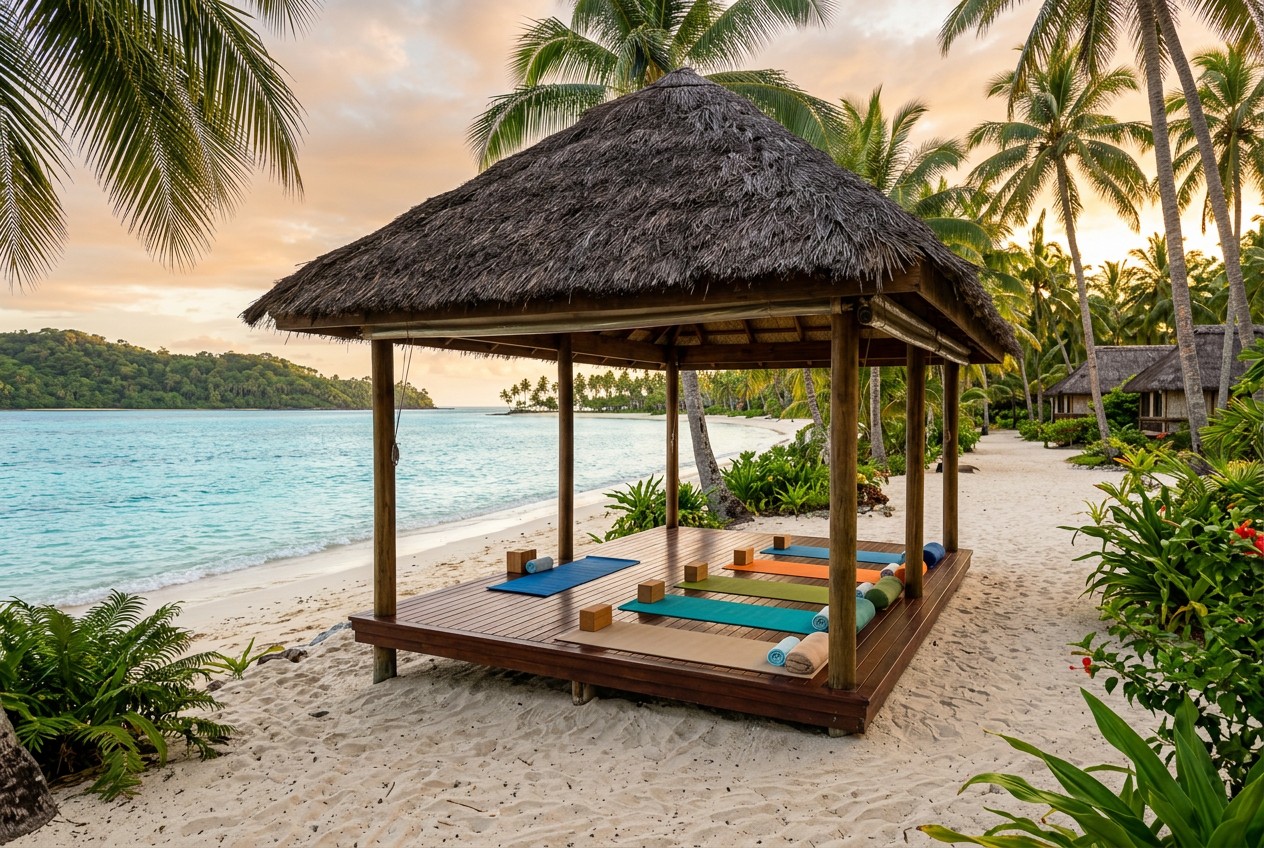 Thatched beachfront yoga pavilion on a tropical Fijian beach