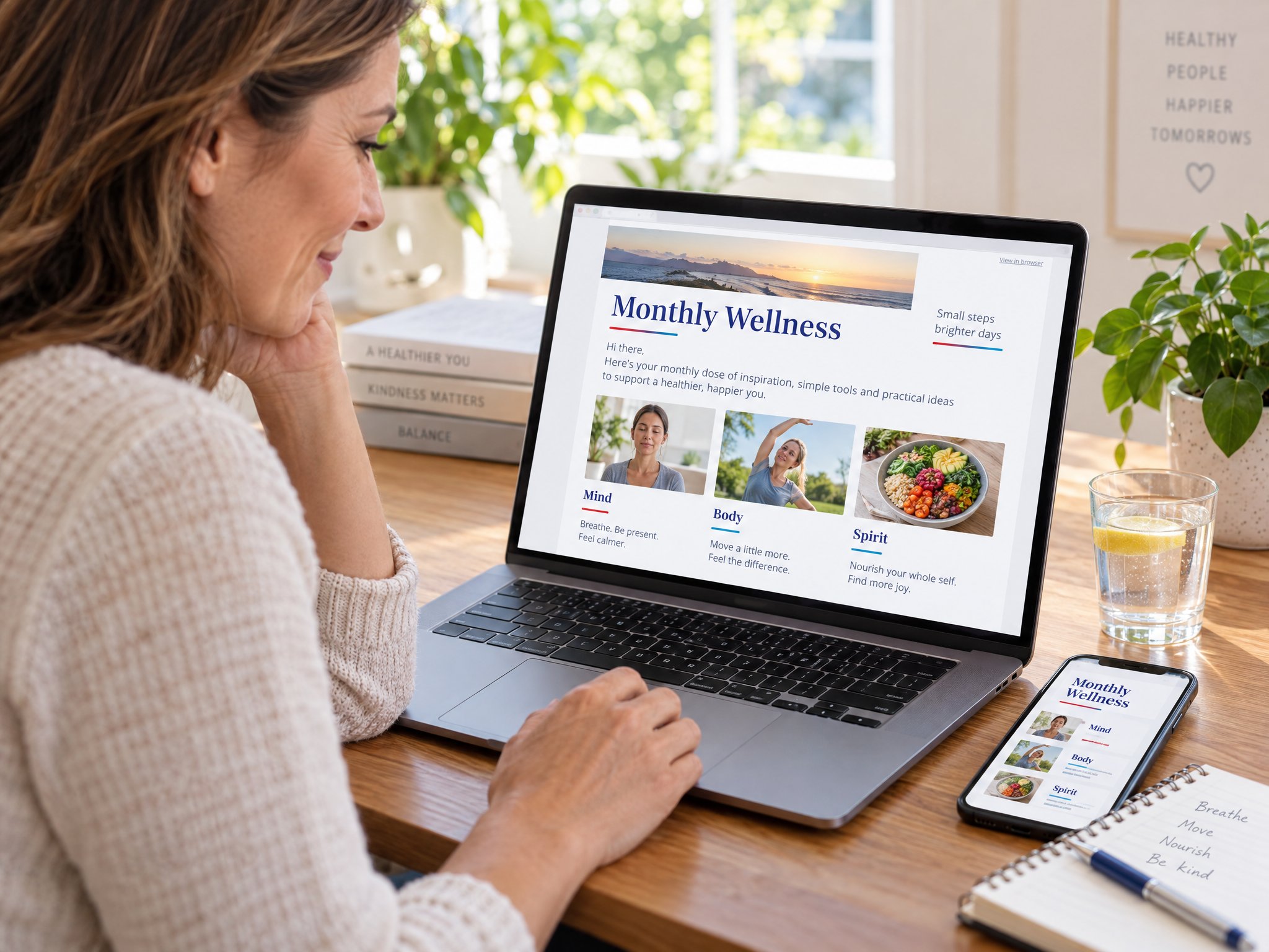 Woman at a desk reading the Heart Safe Wellness Monthly Wellness email with Mind, Body and Spirit sections on her laptop and phone