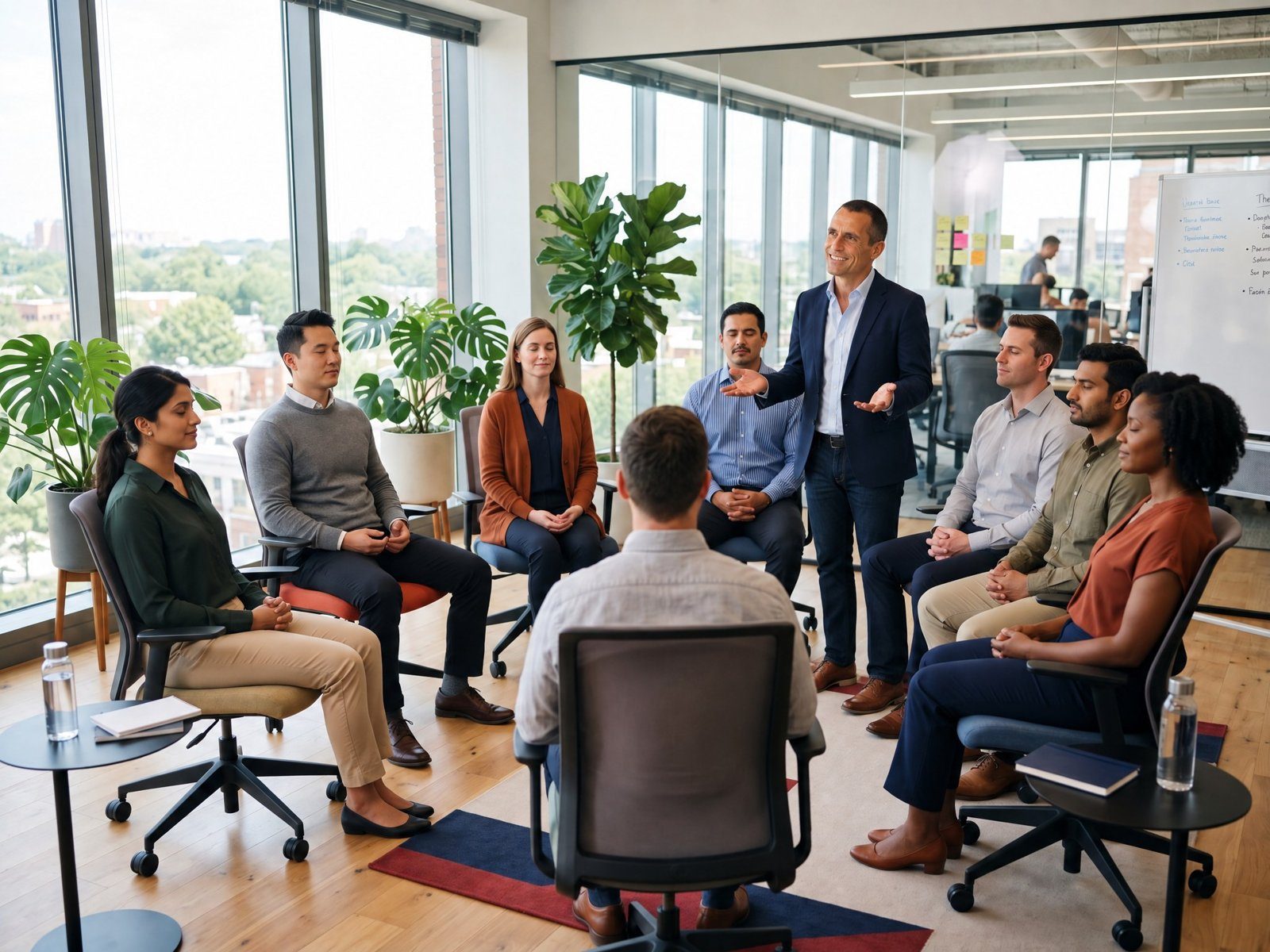 A workplace team sitting together in a circle during a guided corporate wellness workshop