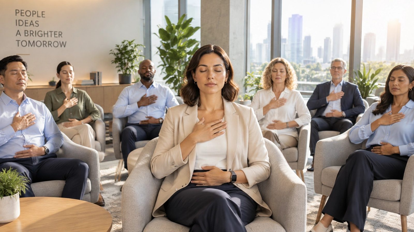 Office team practising a guided breathing exercise with hands on chest during a corporate wellness workshop