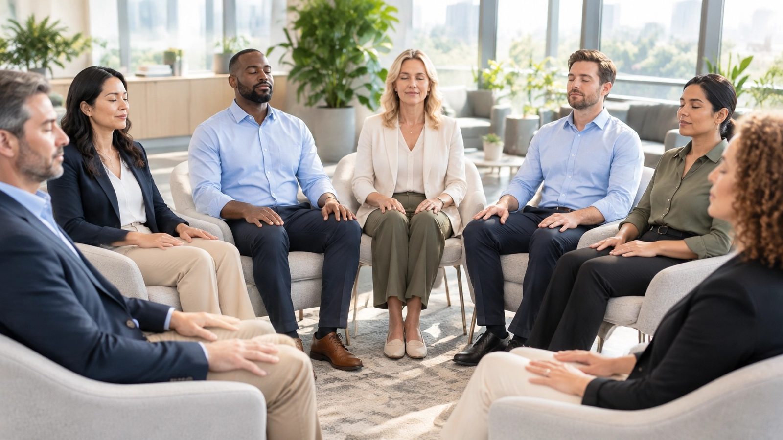 A corporate team seated in a calm, plant-filled office lounge during a guided wellbeing session