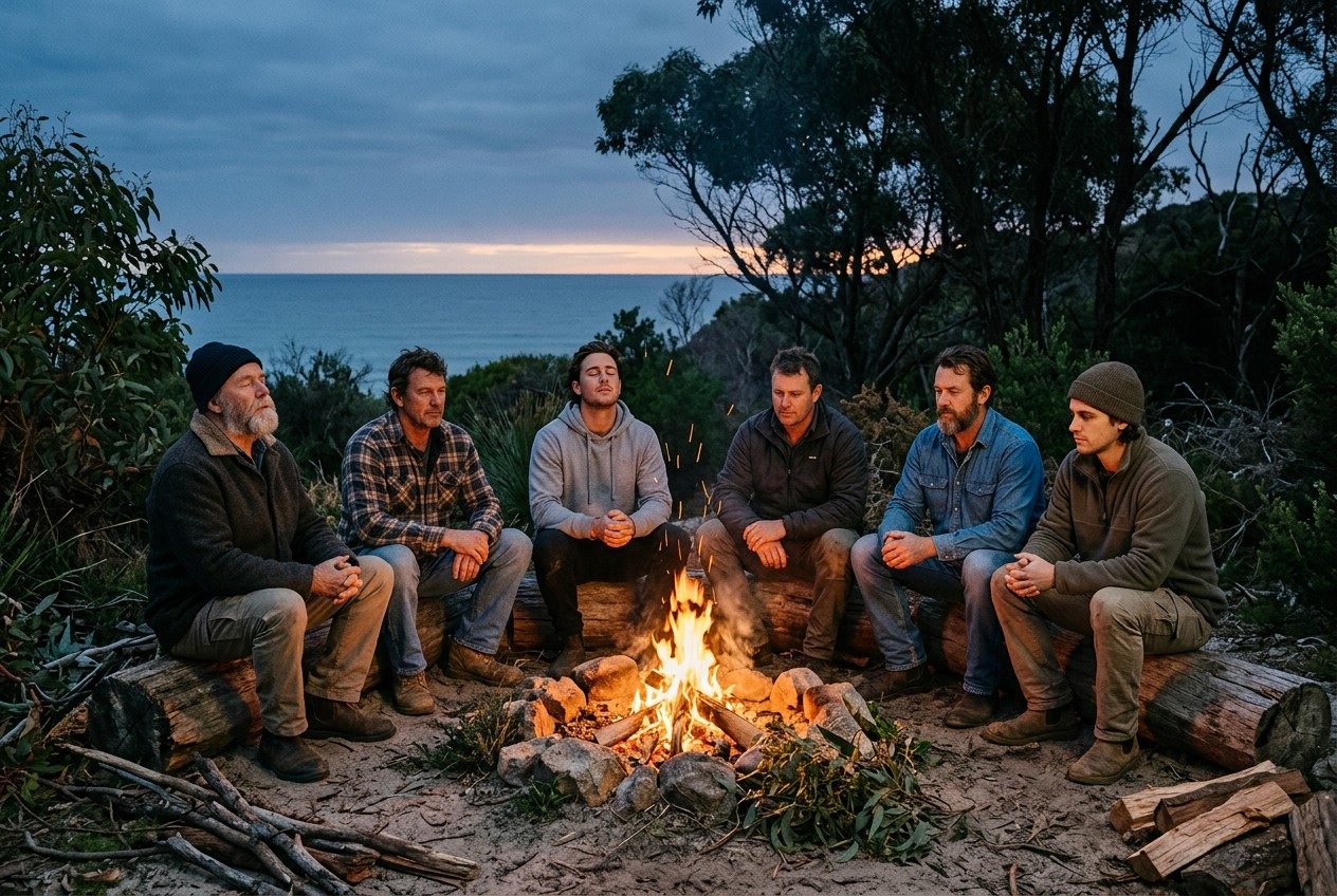 Group of men sitting around a campfire near the coast at dusk
