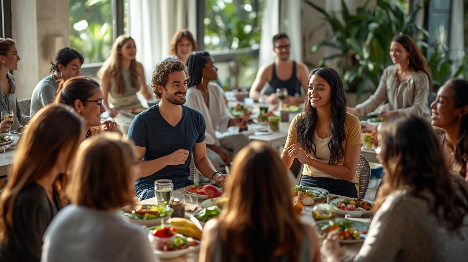 Retreat participants sharing a healthy meal and conversation around a long table