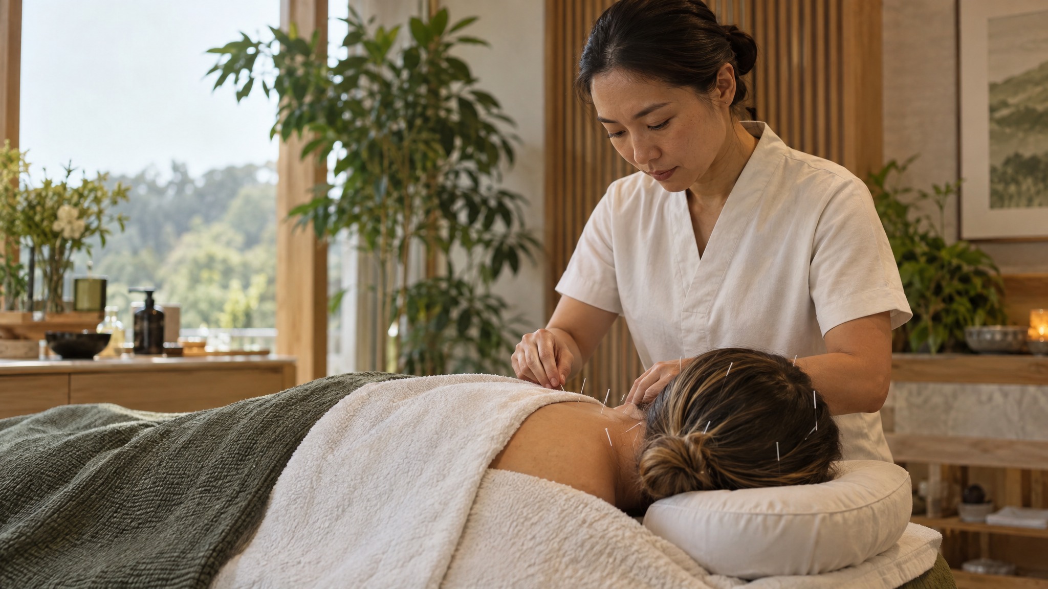 Acupuncturist placing fine needles around the neck and head of a towel-covered client in a peaceful treatment room