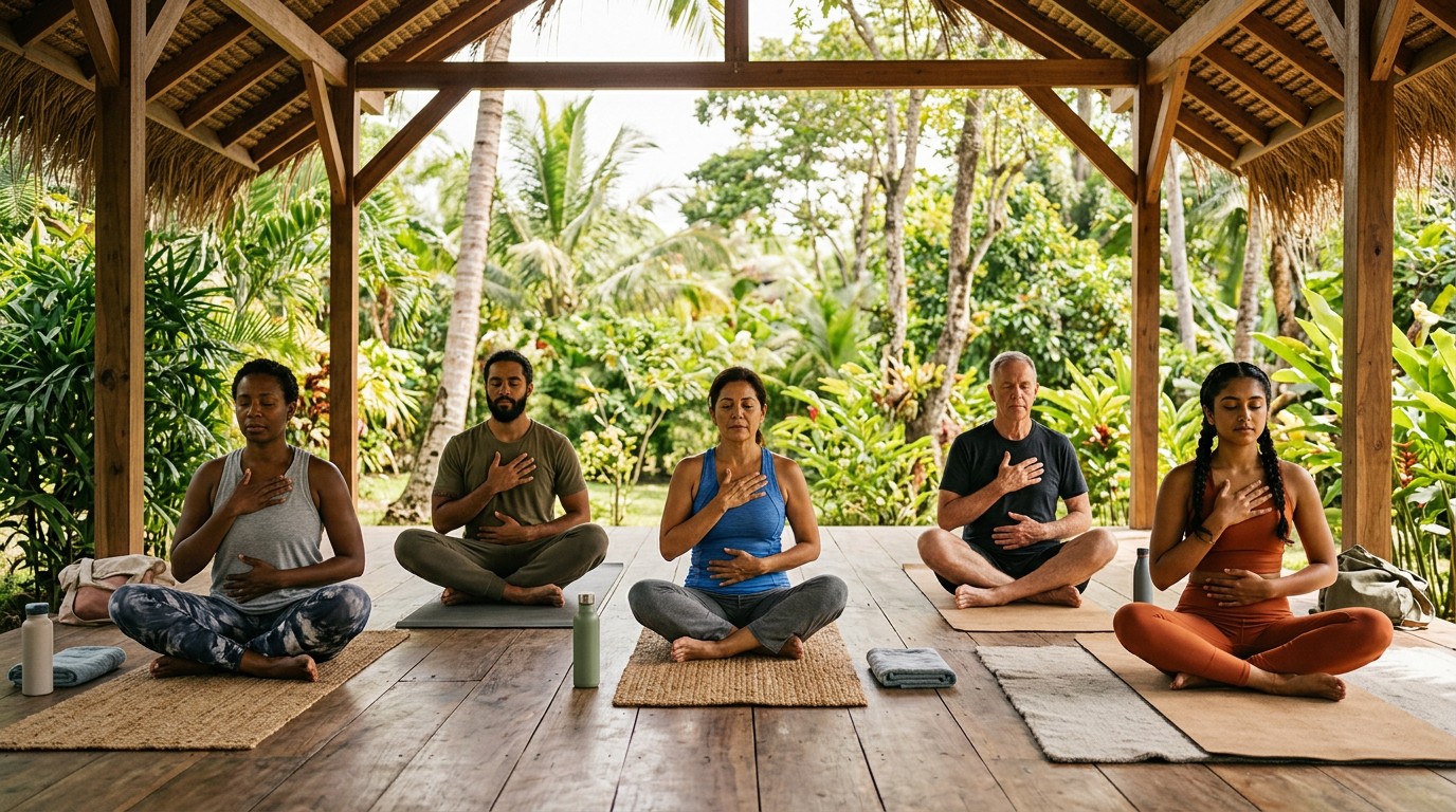 Retreat guests doing guided breathwork on mats in an open timber pavilion surrounded by tropical greenery