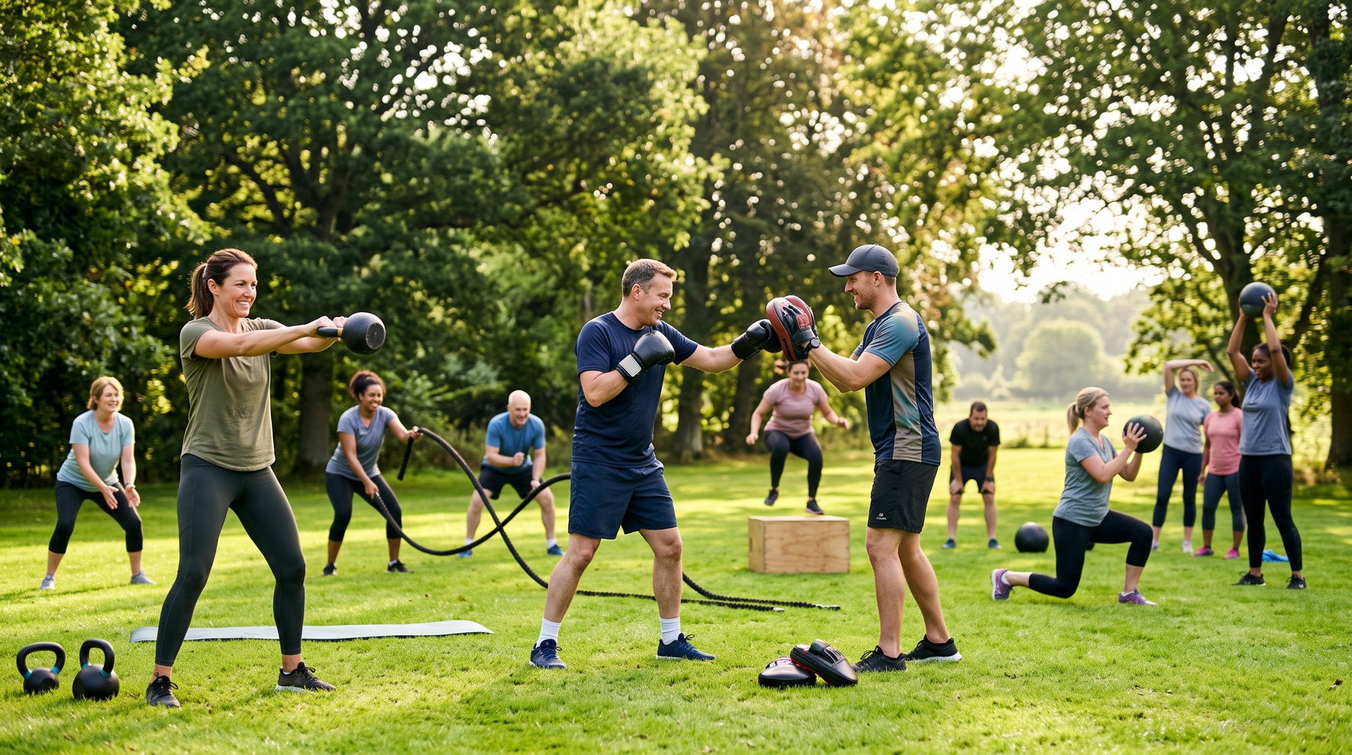 Colleagues working through an outdoor fitness circuit with kettlebells, boxing pads, battle ropes and medicine balls on a green lawn