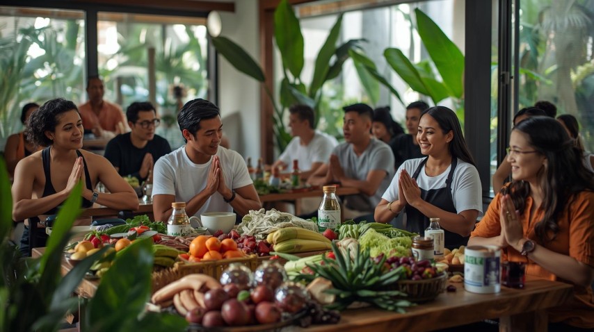 Retreat guests giving thanks around a long table of fresh fruit and vegetables