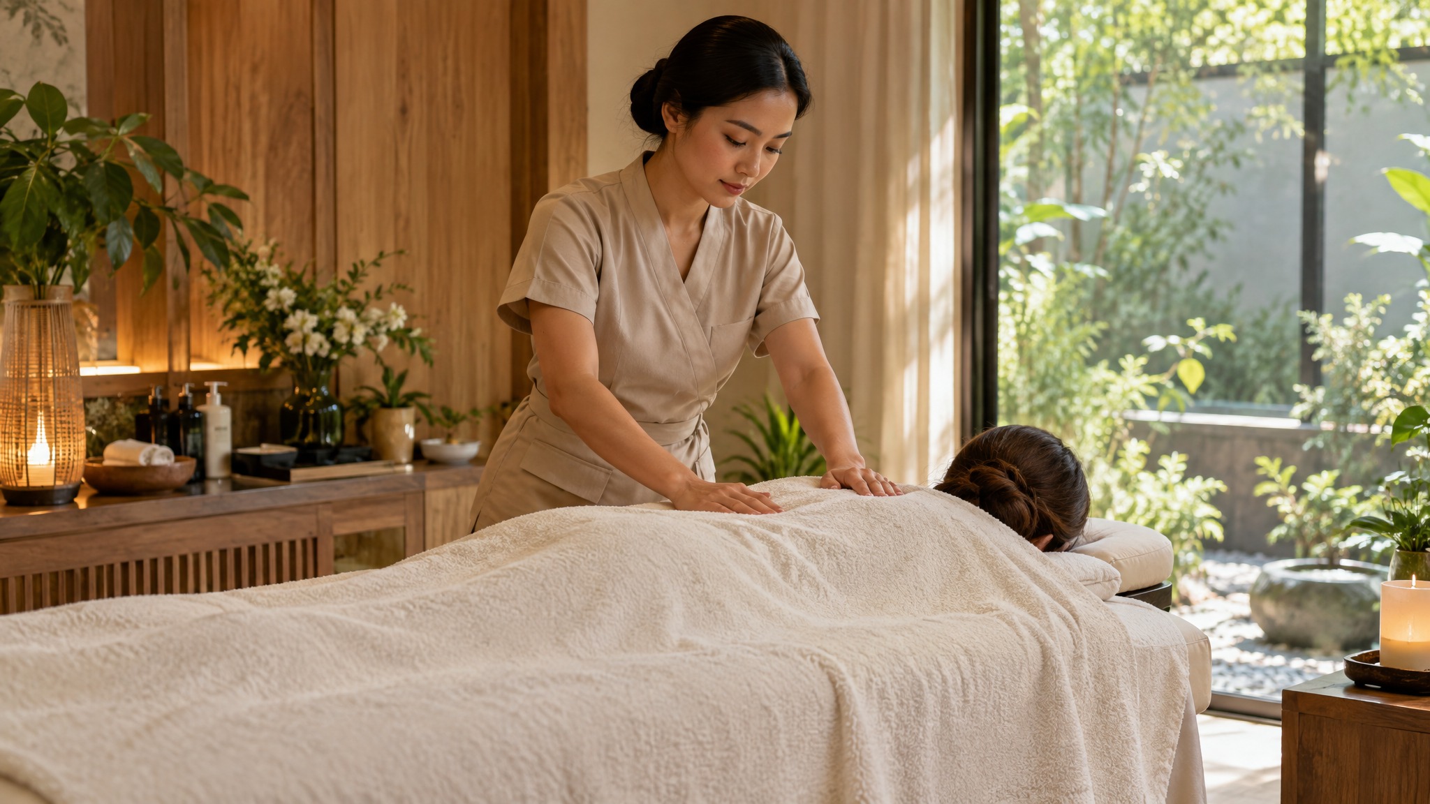 Massage therapist gently easing a towel-covered guest’s shoulders in a calm timber day spa