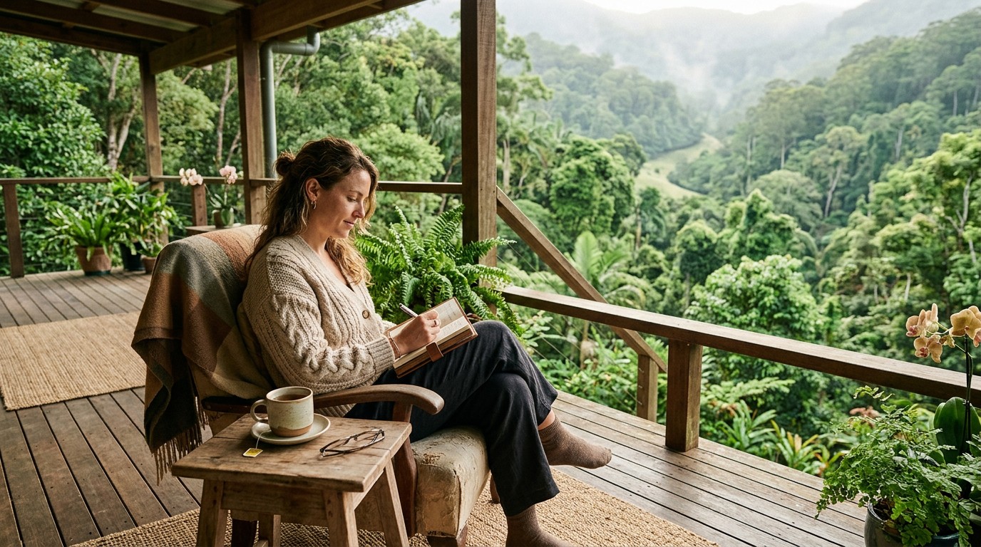 Woman journaling with a cup of tea on a timber veranda overlooking rainforest