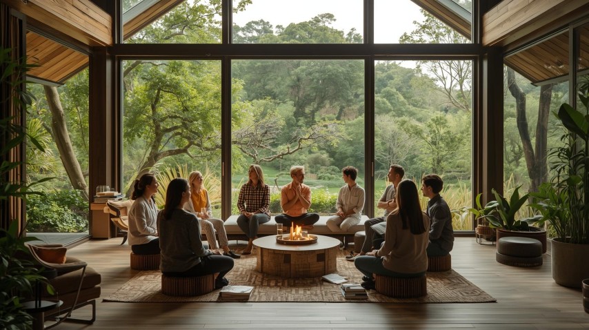 Small group in a mindful circle around a fire bowl in a glass-walled retreat lodge overlooking bushland