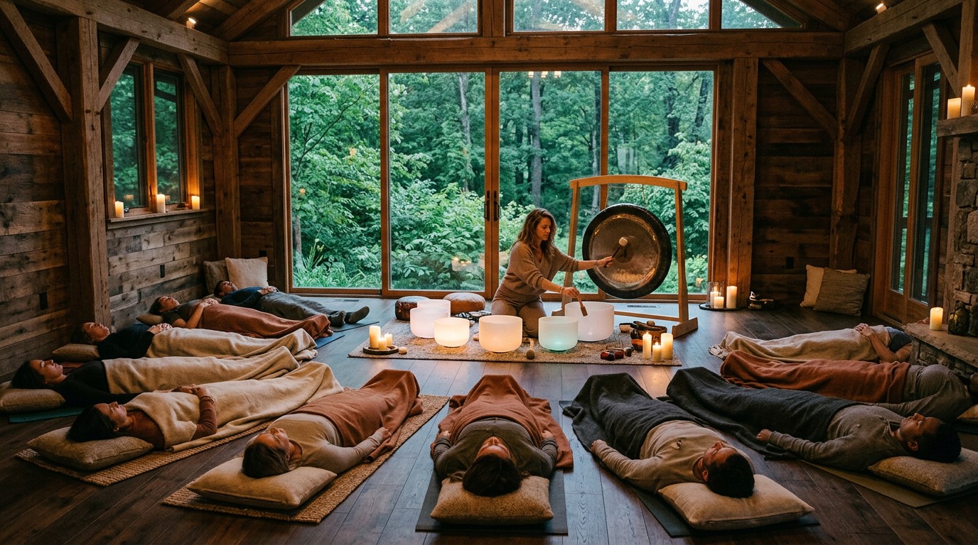 Retreat guests resting on mats while a facilitator plays singing bowls and a gong in a candlelit timber hall