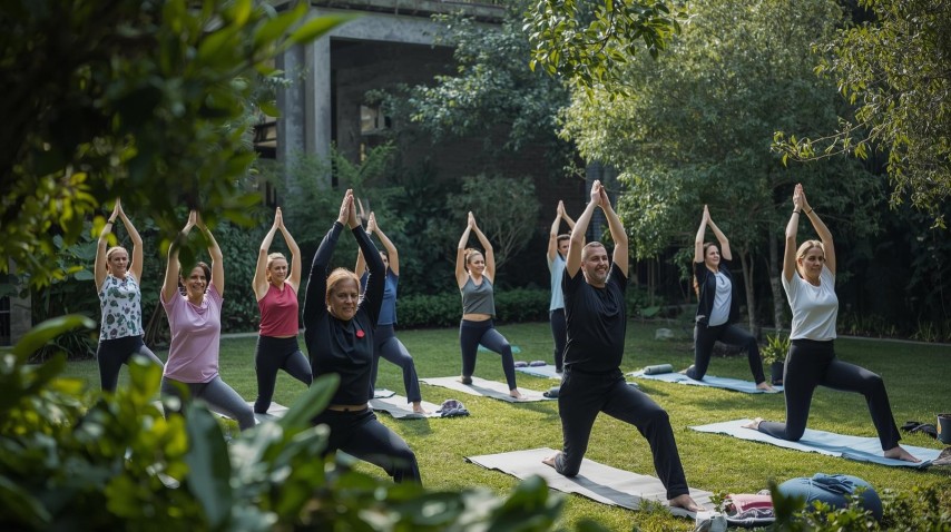 Group of colleagues practising yoga on mats in a leafy garden