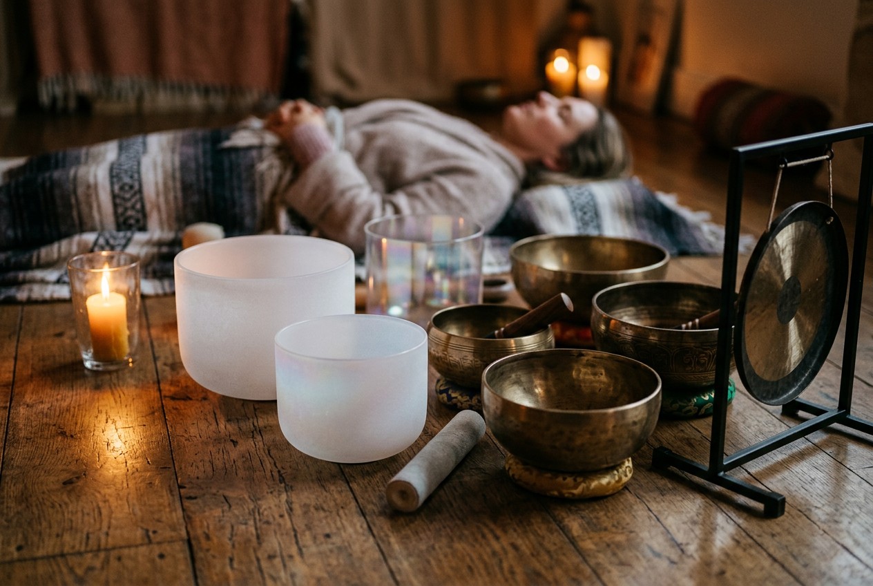 Singing bowls and candles set up for a relaxing sound healing session