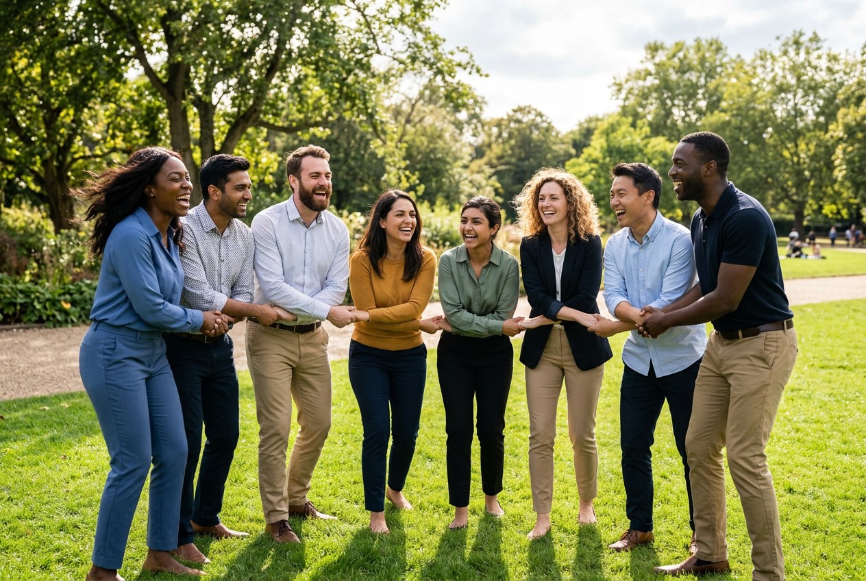 Smiling colleagues taking part in a team building game on a sunny lawn